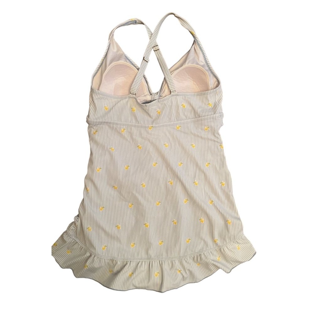 Crown & Ivy Womens 1 Piece Bathing Suit L White Blue Striped Yellow Floral Ruffl - Picture 2 of 5